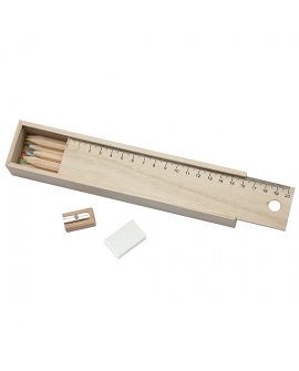 Color pencils, sharpener, eraser set in wooden box Color pencils, sharpener, eraser set in wooden box